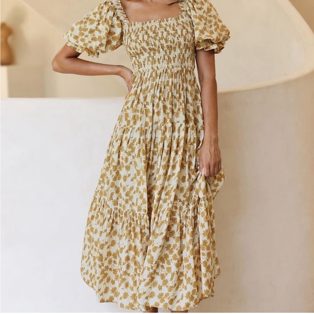 Smocked Square-Neck Midi Dress in Cream & Mustard Floral - Picture 2 of 5